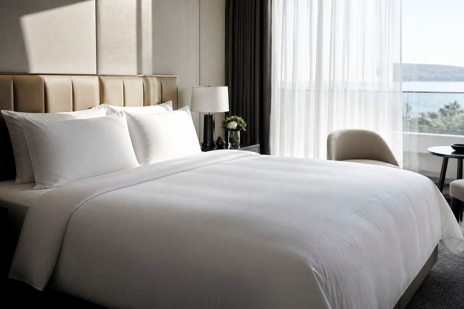 Crisp white hotel bed linen